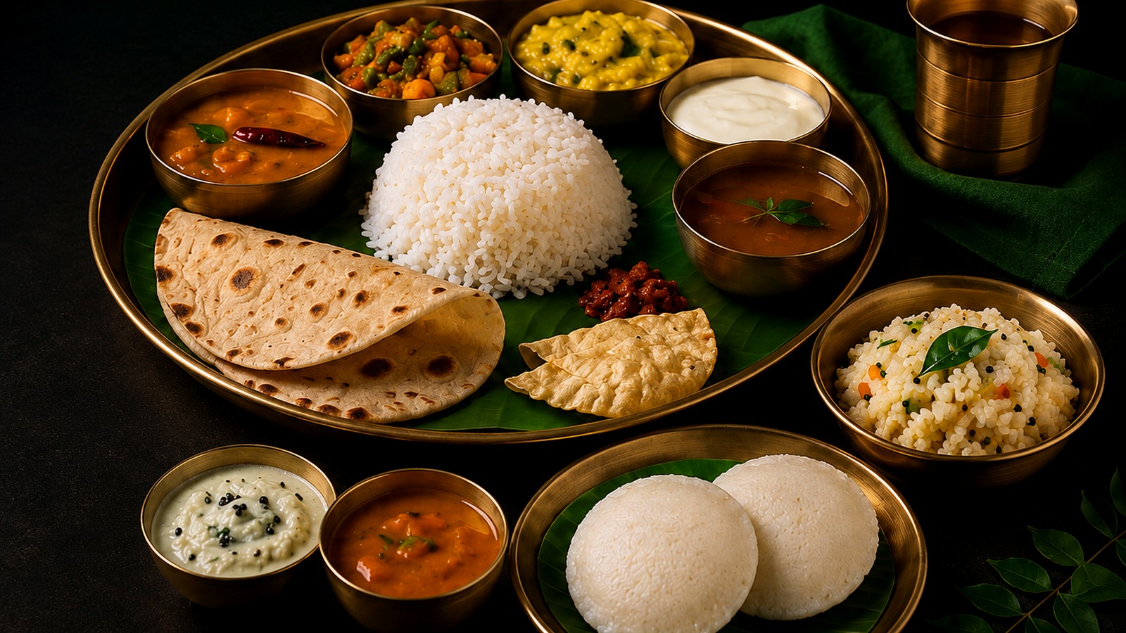 Real South Indian catering dabba meal with rice, chapati, curry, idli and chutney